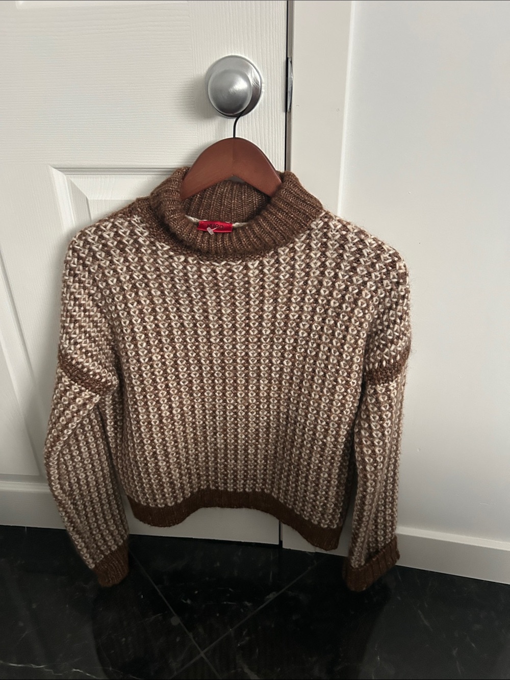 HUGO Brown and Cream Two-Tone Textured Turtleneck Sweater